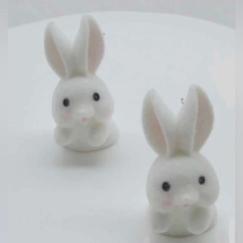 “Fuzzy Bunny” White Cutesy Kawaii Furry Fluffy Flocked Rabbit Easter Spring Stud